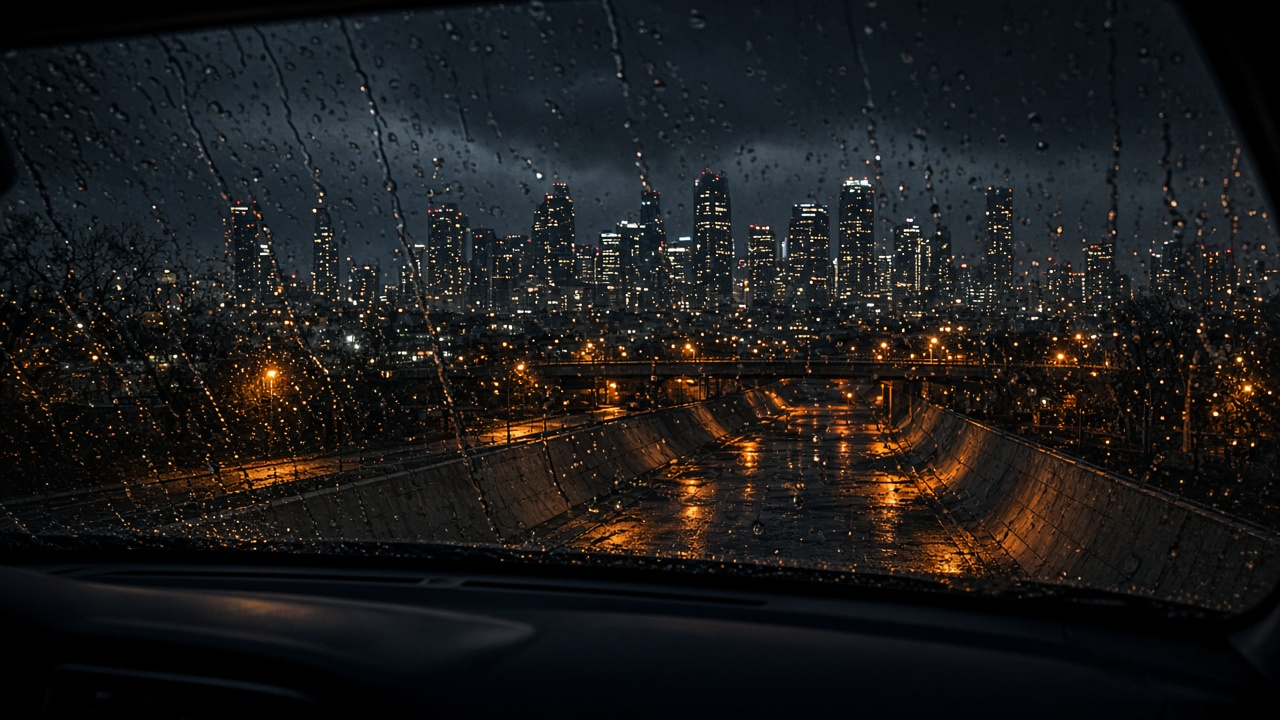 Rain-streaked car window at night overlooking a city skyline and a dry concrete river channel under orange streetlights