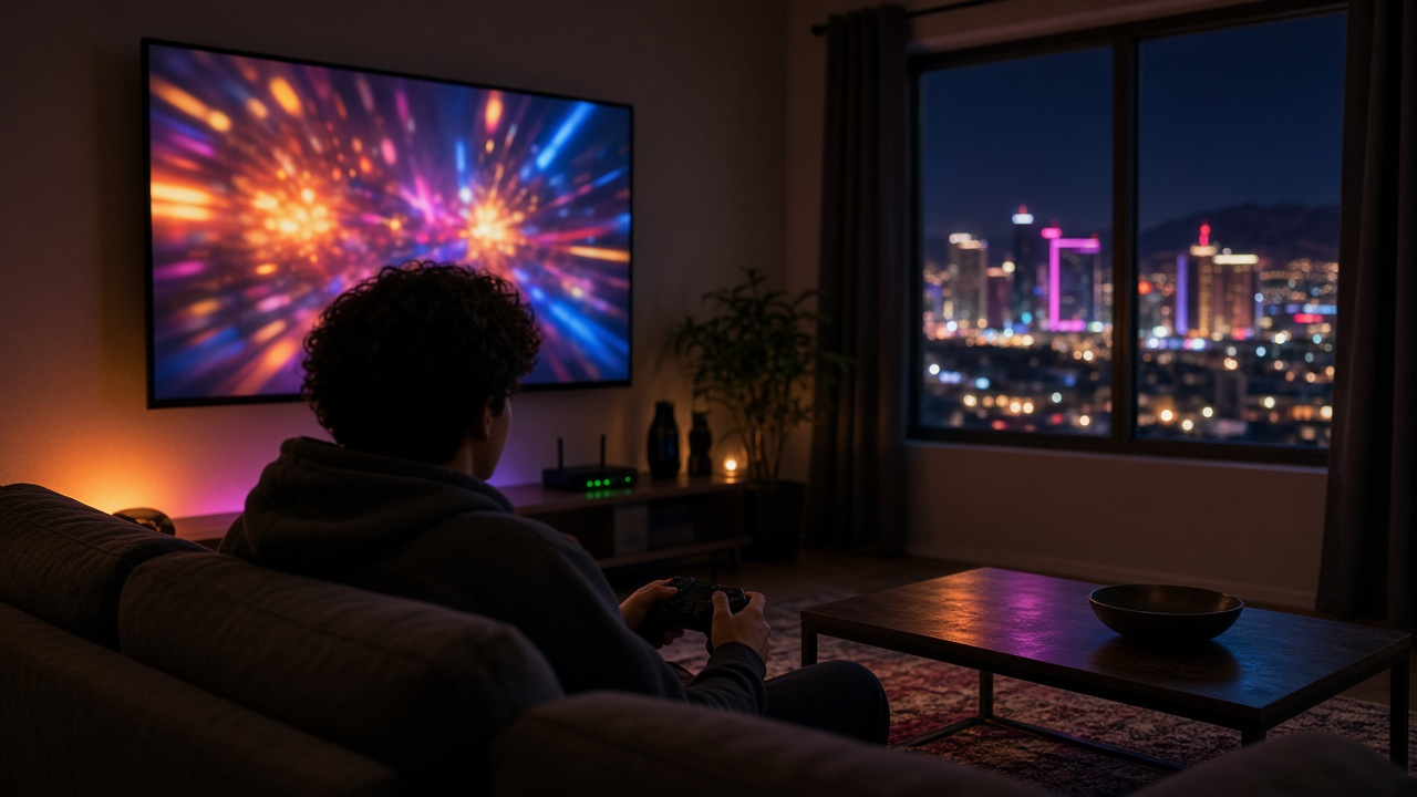 Gamer on a couch holding a controller in front of a large TV glowing with abstract action-game light, Las Vegas skyline at night through the window, no logos or text