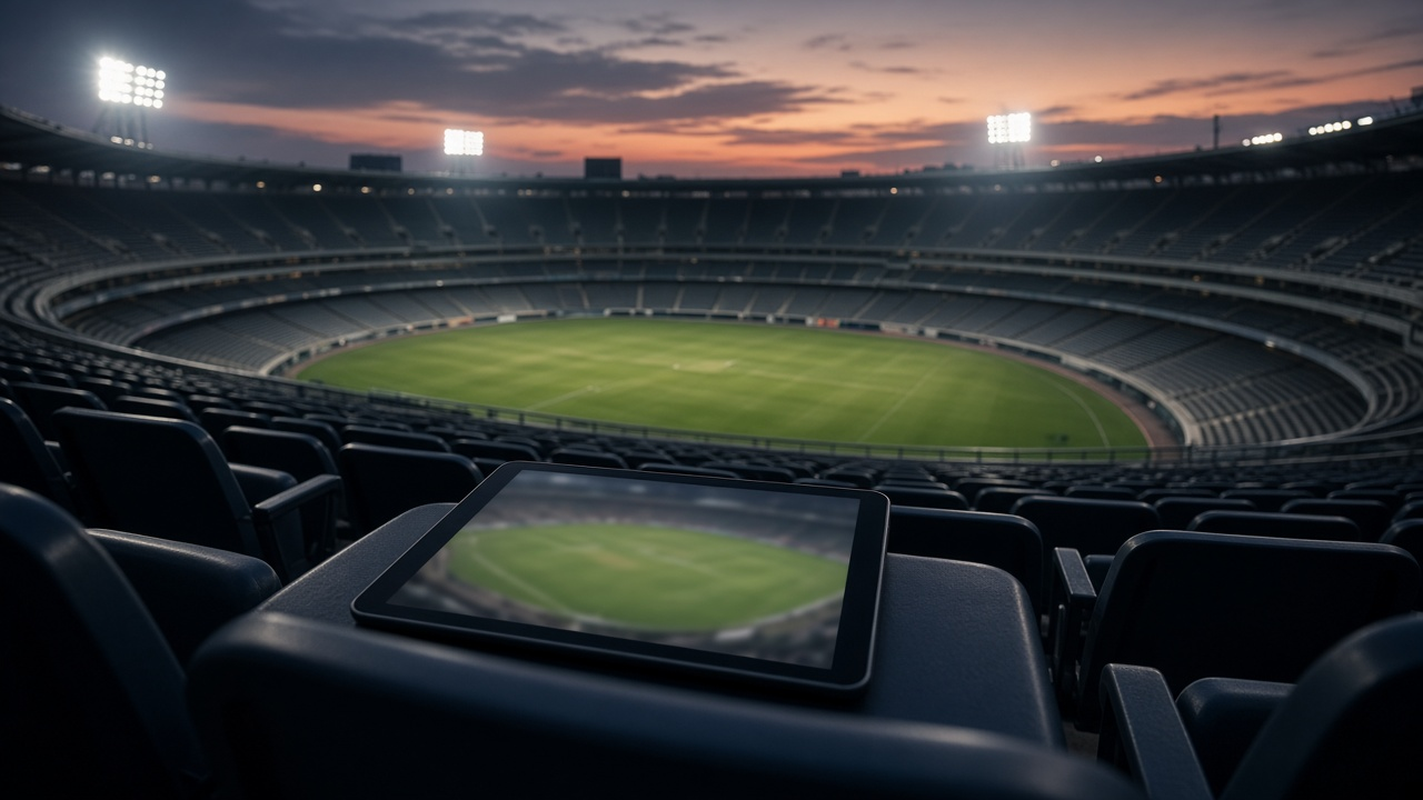 Empty stadium seats under bright floodlights at dusk with a glowing streaming tablet on a seat
