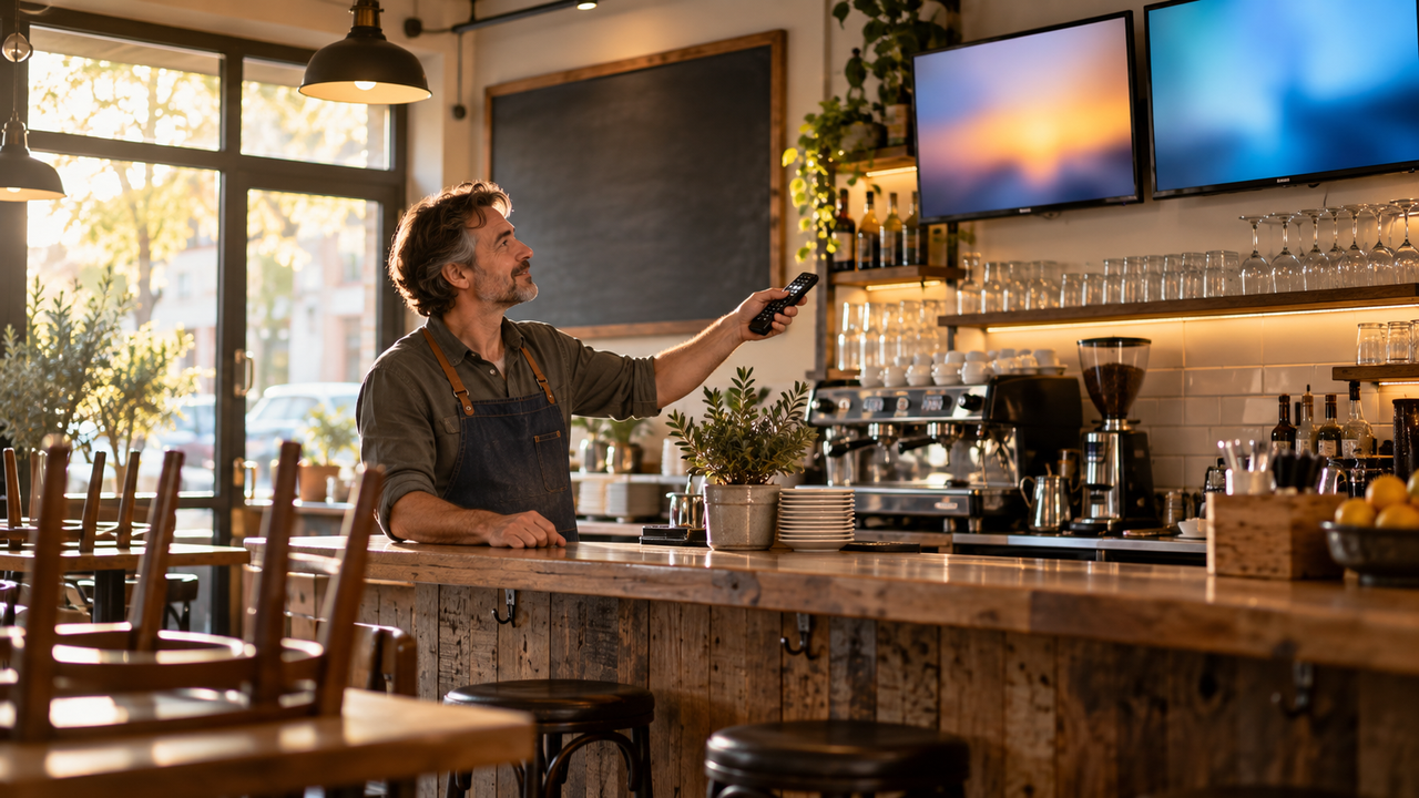 Small-business owner behind the counter of a neighborhood café-bar in the morning, adjusting a wall-mounted TV with a remote before opening