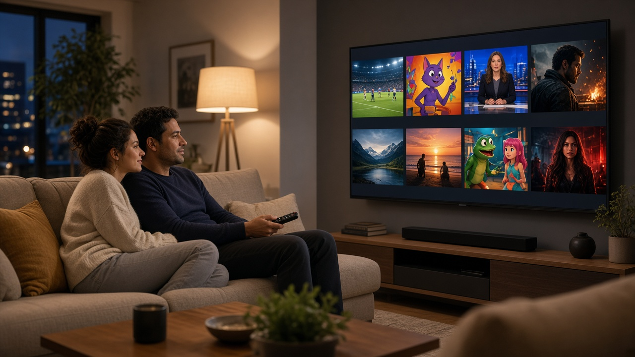 Couple relaxing on a living room sofa at night, browsing a grid of sports, news, kids and movie tiles on a wall-mounted TV