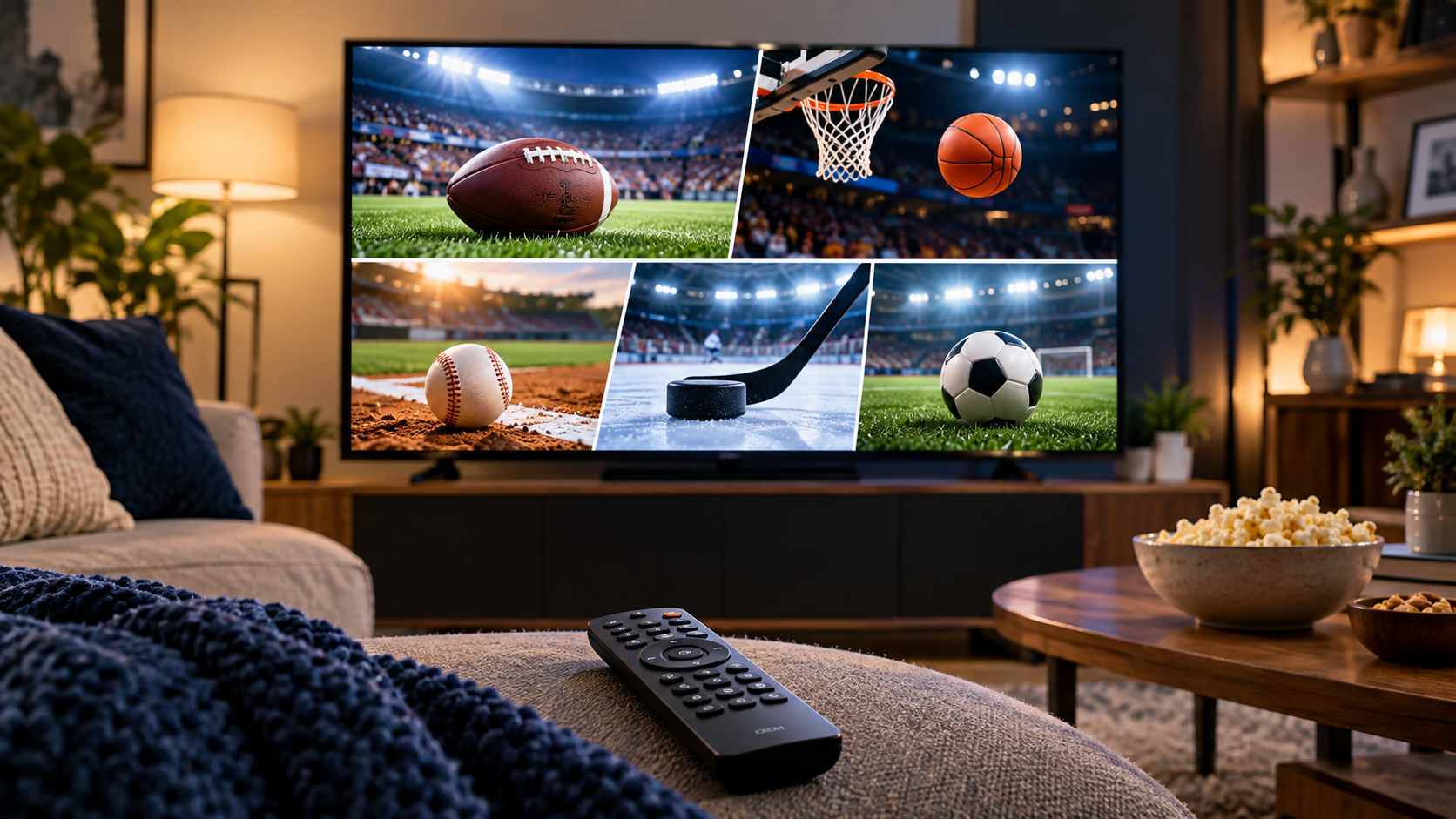 Living room television showing a generic multi-sport mosaic with a remote in the foreground