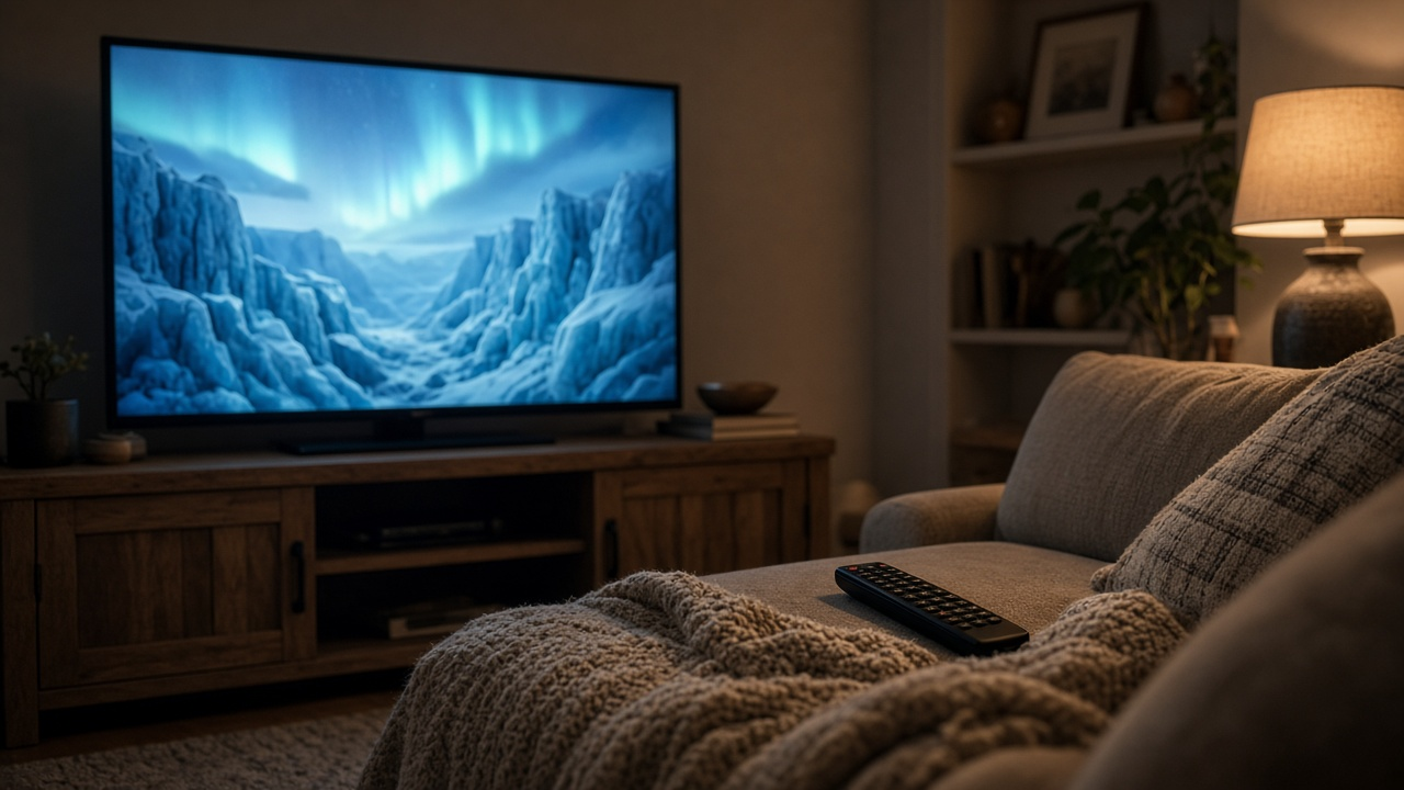 Cozy living room with a large TV showing colorful animated ice-age style landscape lighting, evening ambient lamps, no logos or text