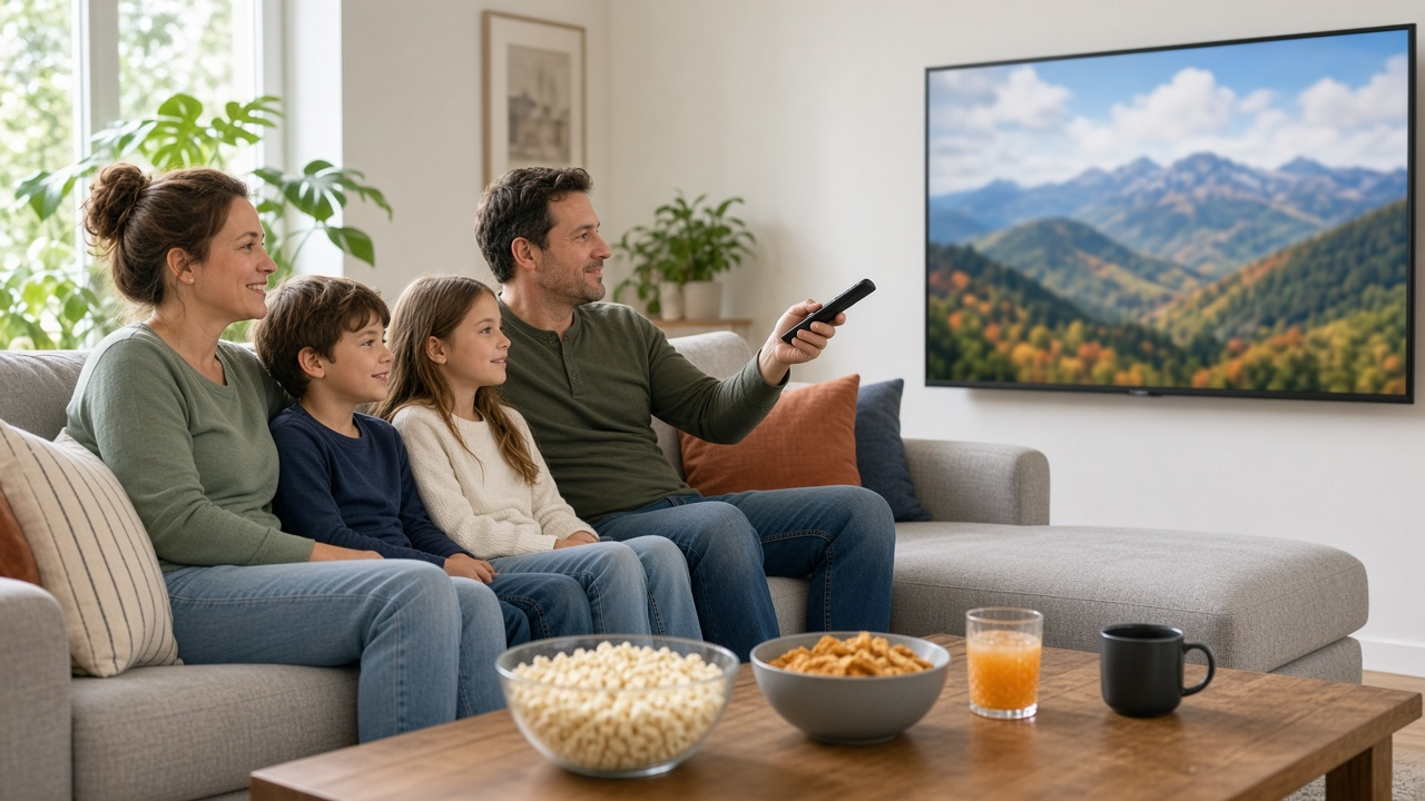 Family relaxing on a sofa in a bright living room, streaming a show on a wall-mounted TV with a remote in hand