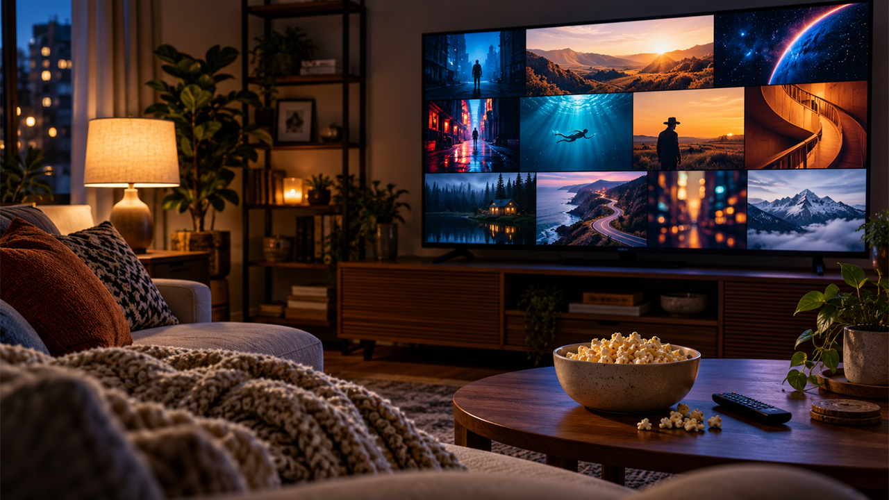 Cozy night-time living room with popcorn and a remote facing a TV showing an abstract movie and show collage