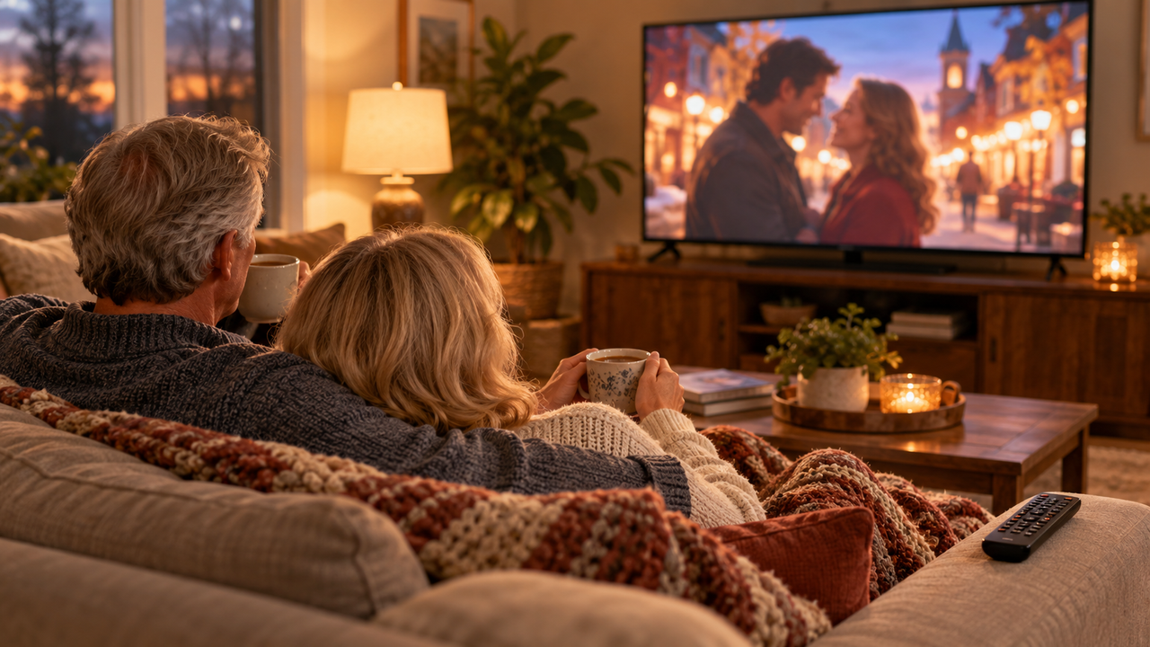Older couple relaxing on a sofa with tea, watching a softly blurred classic movie on a living room TV in warm evening light