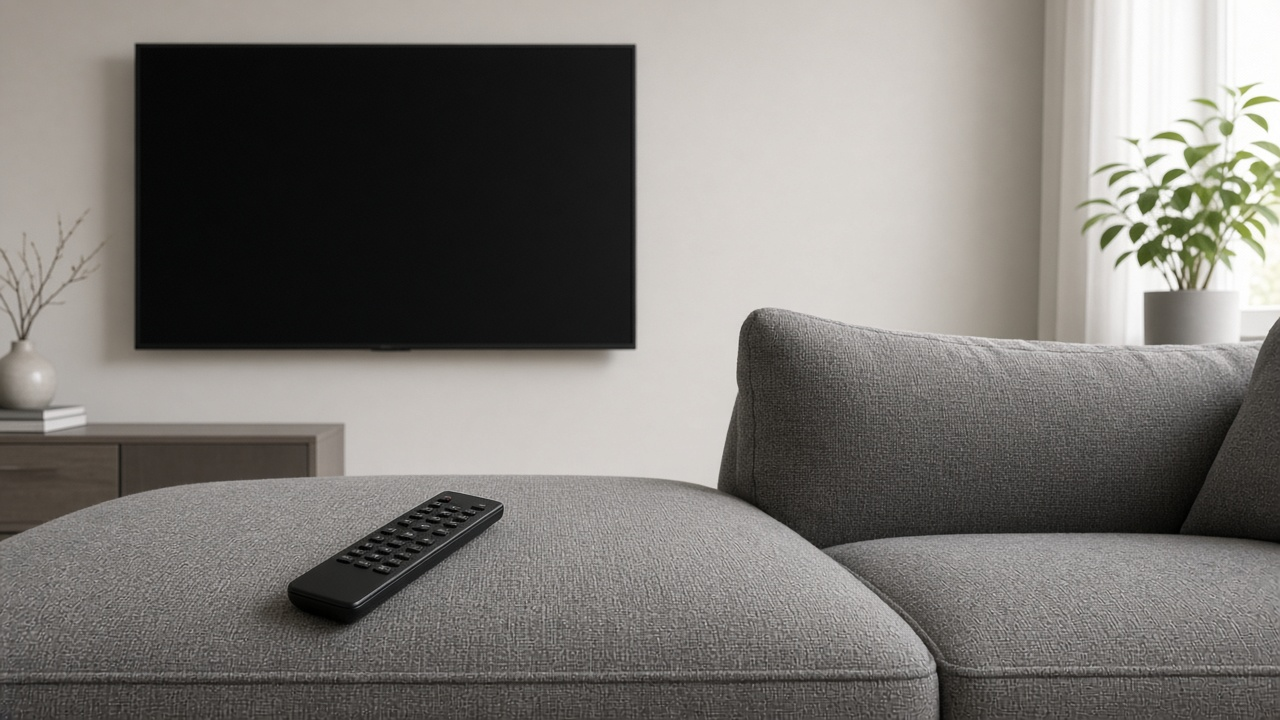 Remote control resting on a sofa cushion in front of a dark television in a quiet living room