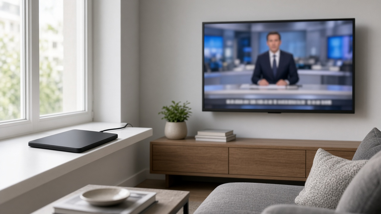 Apartment living room with a discreet indoor TV antenna near a window and a TV showing a softly blurred local news set, no logos or text