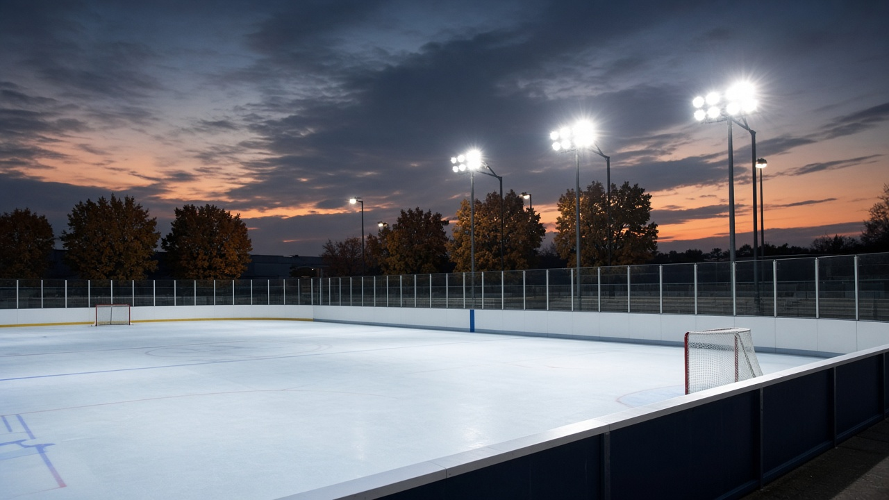 Outdoor hockey rink under stadium lights at dusk, with trees and a colorful evening sky beyond the boards