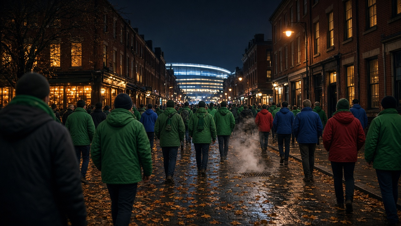 Fans in green and in blue-and-red walking past old brick buildings toward a downtown arena on a crisp October night