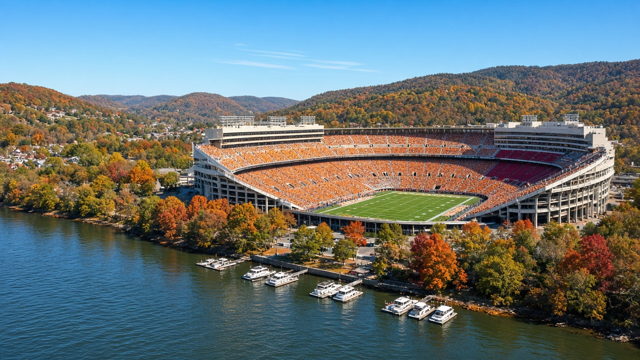 Riverside college football stadium on a sunny October afternoon, a sea of orange and crimson in the stands with autumn hills beyond
