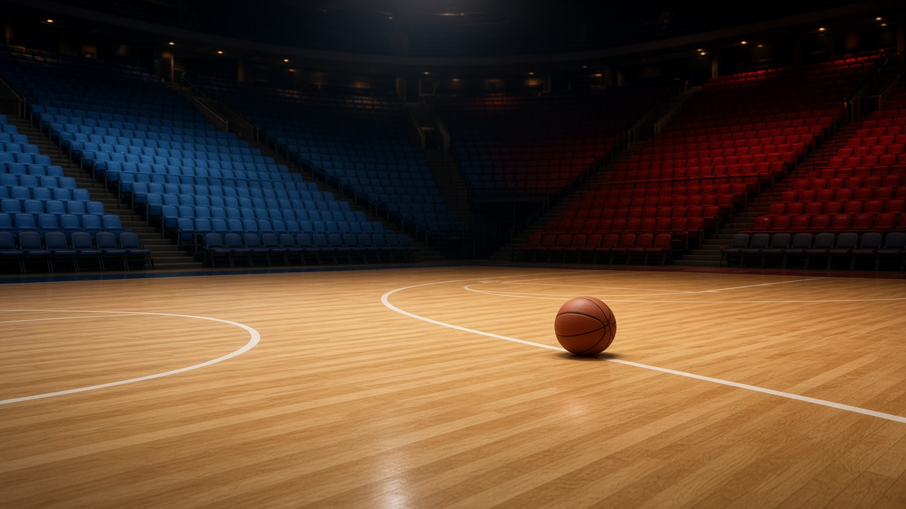 Basketball resting on a polished hardwood court in an empty arena with red and blue seats