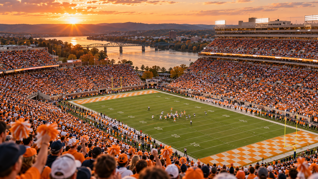 Large college football stadium beside a river on a fall afternoon, with orange-clad fans filling the stands