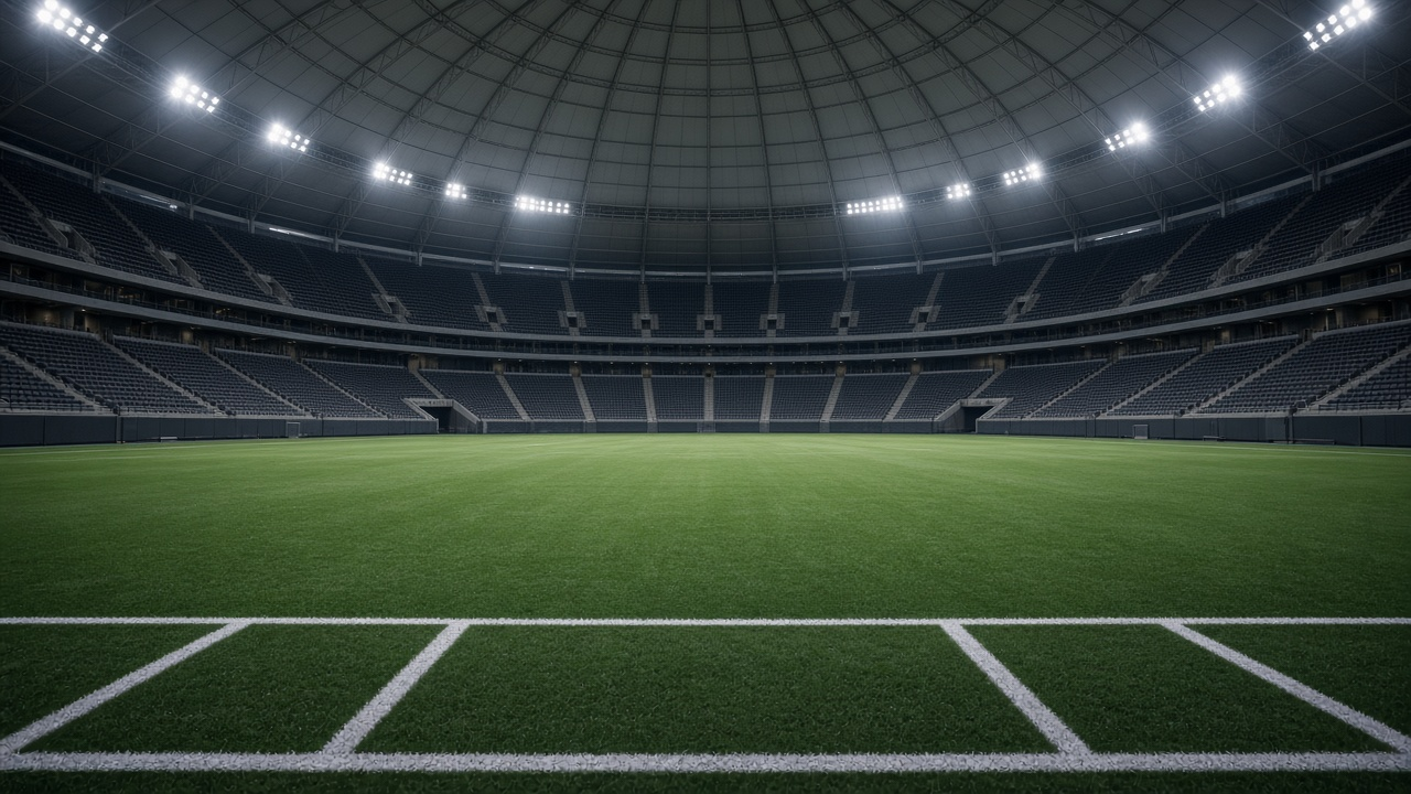 Empty modern domed football stadium with tiers of dark seats and a green field under bright stadium lights