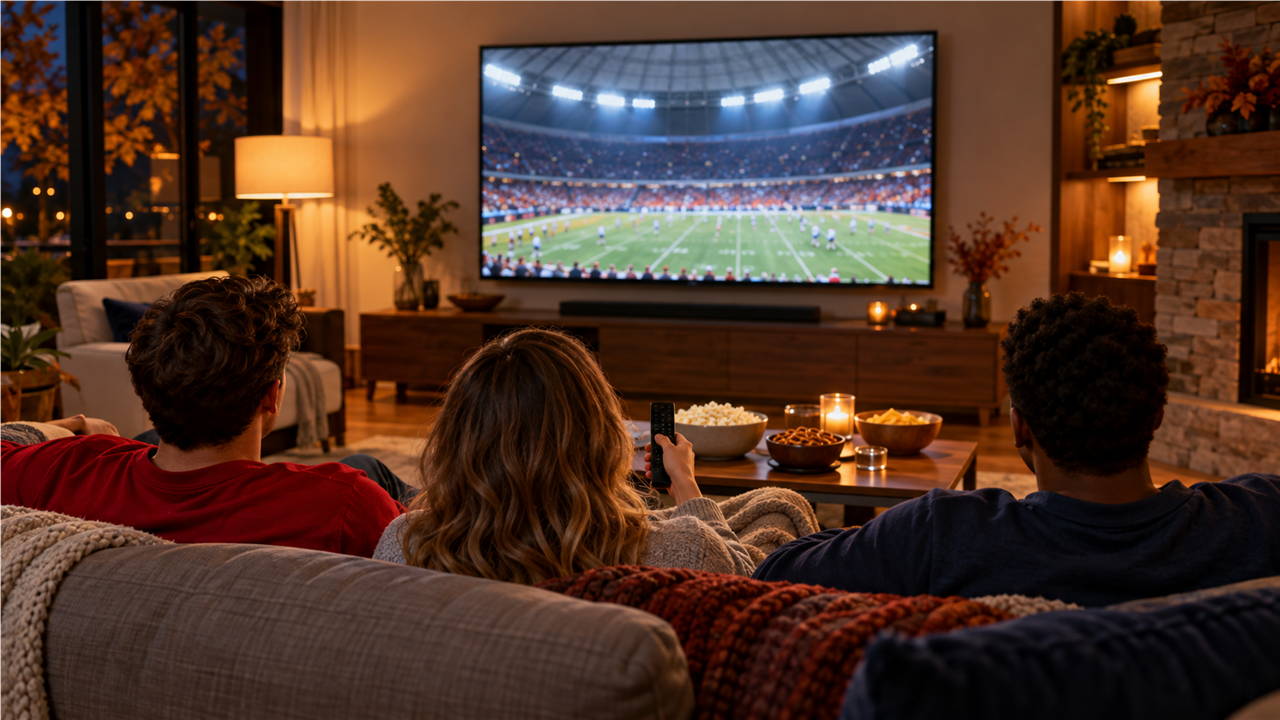 Living room on a Thursday night with friends watching a night football game on a large TV, snacks on the coffee table