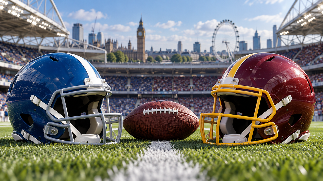 Blue and white and burgundy and gold football helmets in a London stadium
