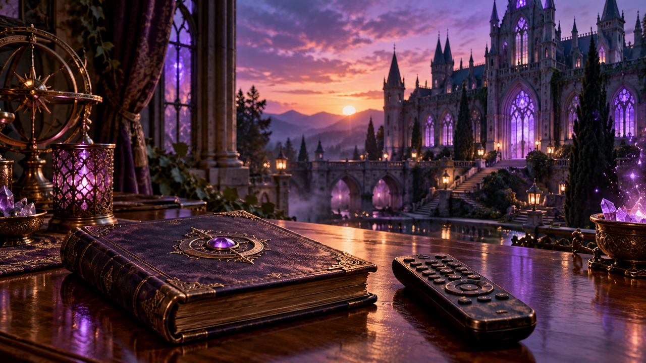 Remote control and spellbook overlooking a purple-lit gothic academy at twilight