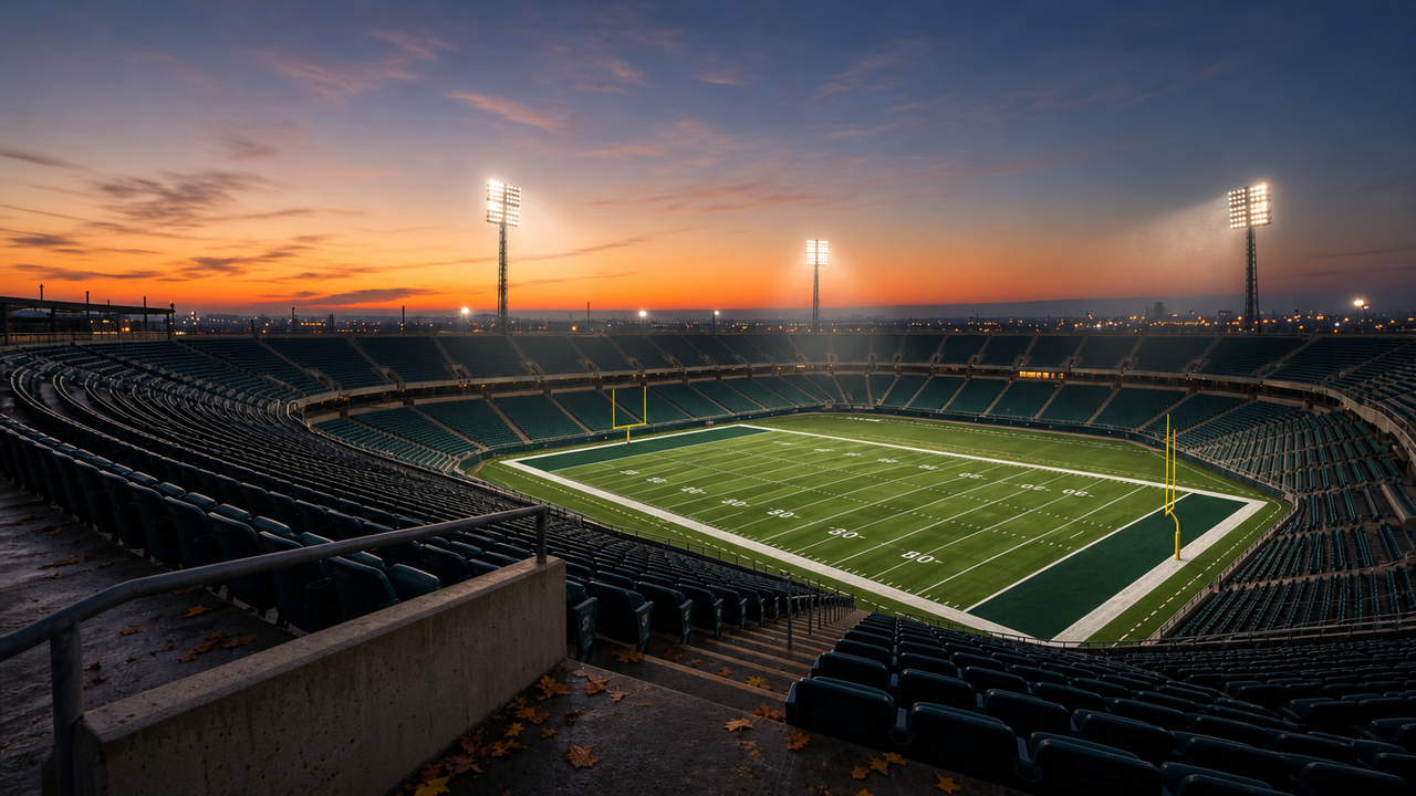 Empty open-air football stadium at dusk seen from a low corner of the lower bowl, with rows of dark green seats, a bright green field under tall light towers and a cold orange and slate-blue autumn sky