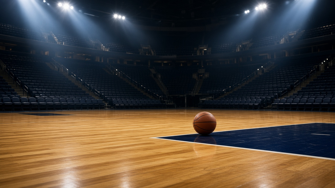 Empty modern basketball arena from a low courtside angle, with a single basketball on polished golden hardwood beside a navy-blue painted area, bright spotlight beams through haze and dark empty seats rising in tiers