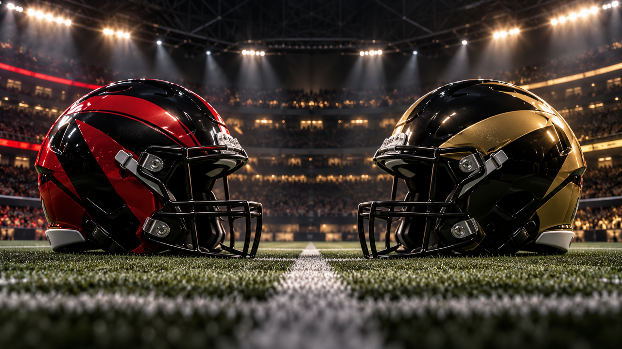 Red and black and black and gold football helmets facing under Monday night stadium lights