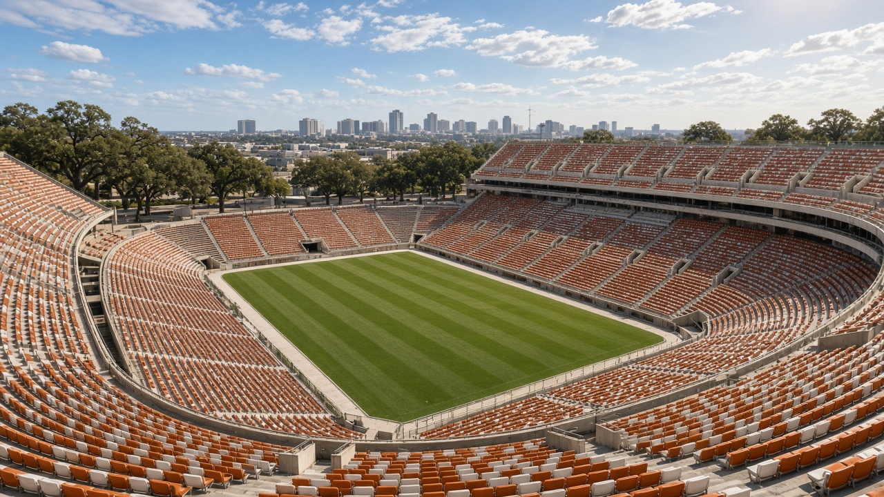 Large empty college football stadium under a bright midday sky, with burnt-orange seats, a green field and a hazy city skyline beyond the stands