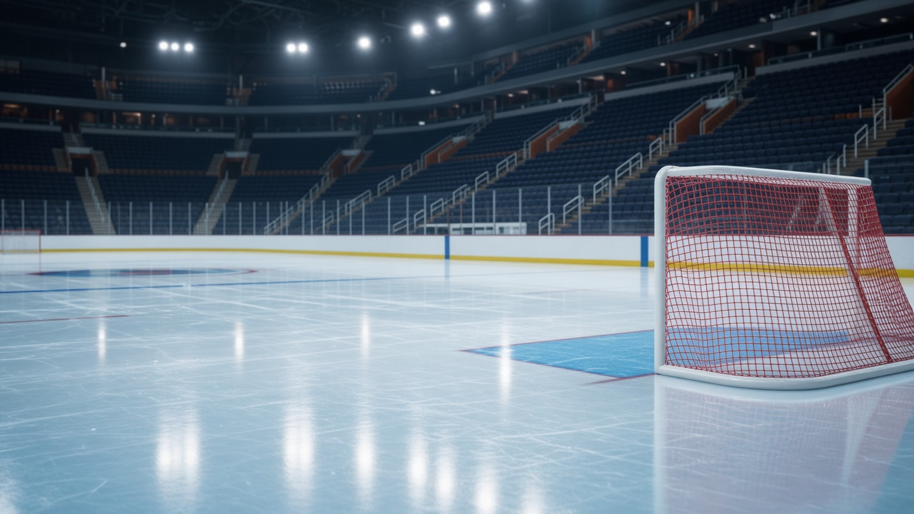 Large TV in a dim living room showing an empty, brightly lit hockey rink before puck drop