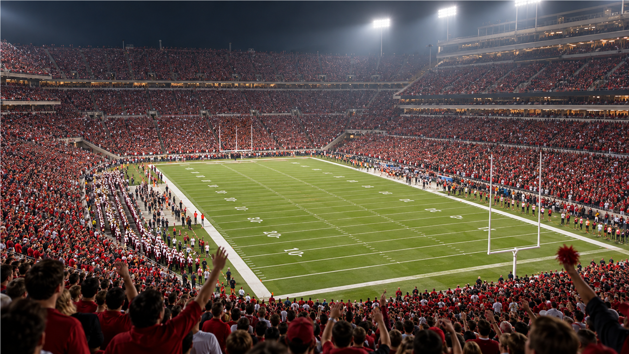 Packed college football stadium at night under bright lights, crowd in crimson and red ahead of a big SEC game