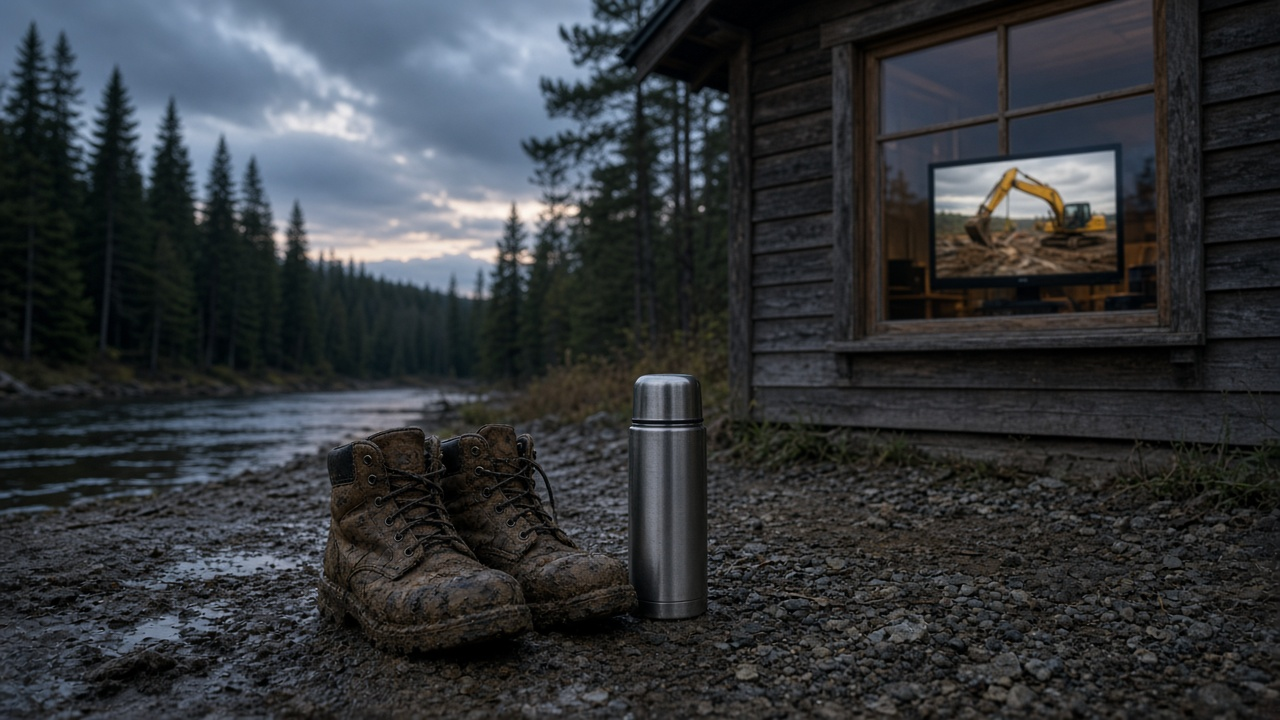 Muddy work boots and a plain metal thermos beside a riverbank at dusk, with a TV in a cabin window showing a blurred excavator under cloudy sky