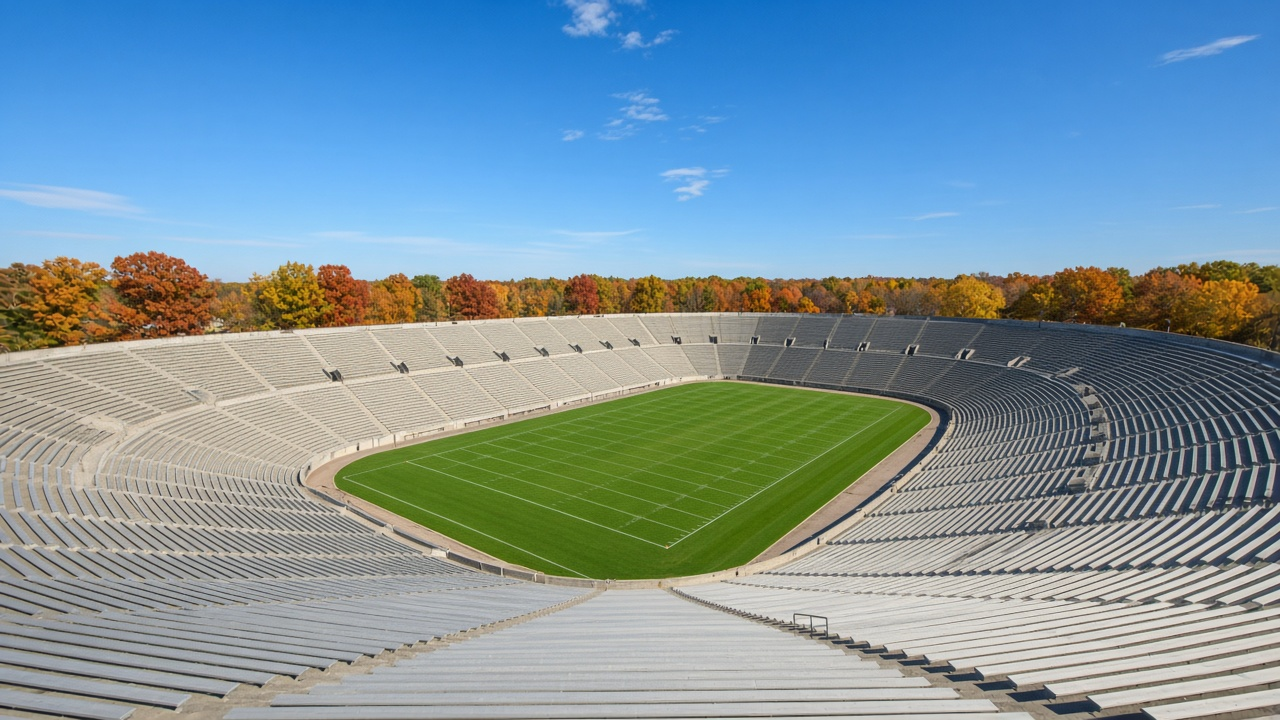 An empty college football stadium bowl on a sunny autumn afternoon, rows of seats wrapping a bright green field under a clear blue sky with fall-colored trees beyond the rim