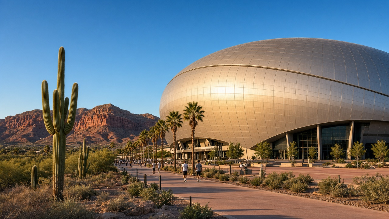 Domed desert football stadium in late-afternoon sun, saguaro cactus and red rock hills in the foreground before a Sunday kickoff