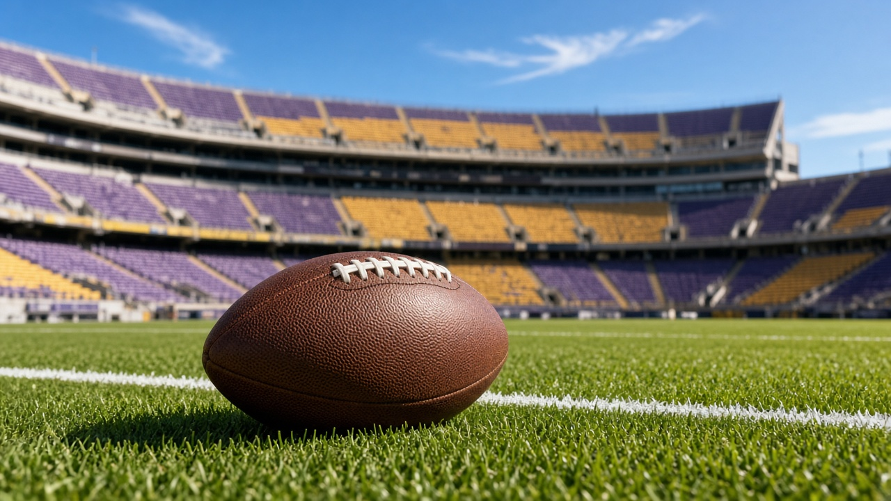 A football resting on a sunlit green field near a white yard line, with an empty stadium of purple and gold seats softly blurred behind it under a bright midday autumn sky