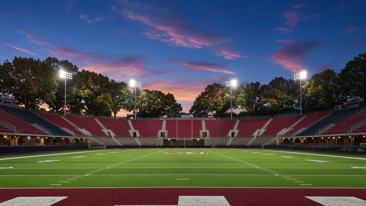 Empty college football stadium at dusk seen from field level behind an end zone, with rows of empty red and navy seats, a bright green field with white yard lines, four stadium light towers glowing, a deep blue sky with pink sunset clouds, and tall leafy trees beyond the stands