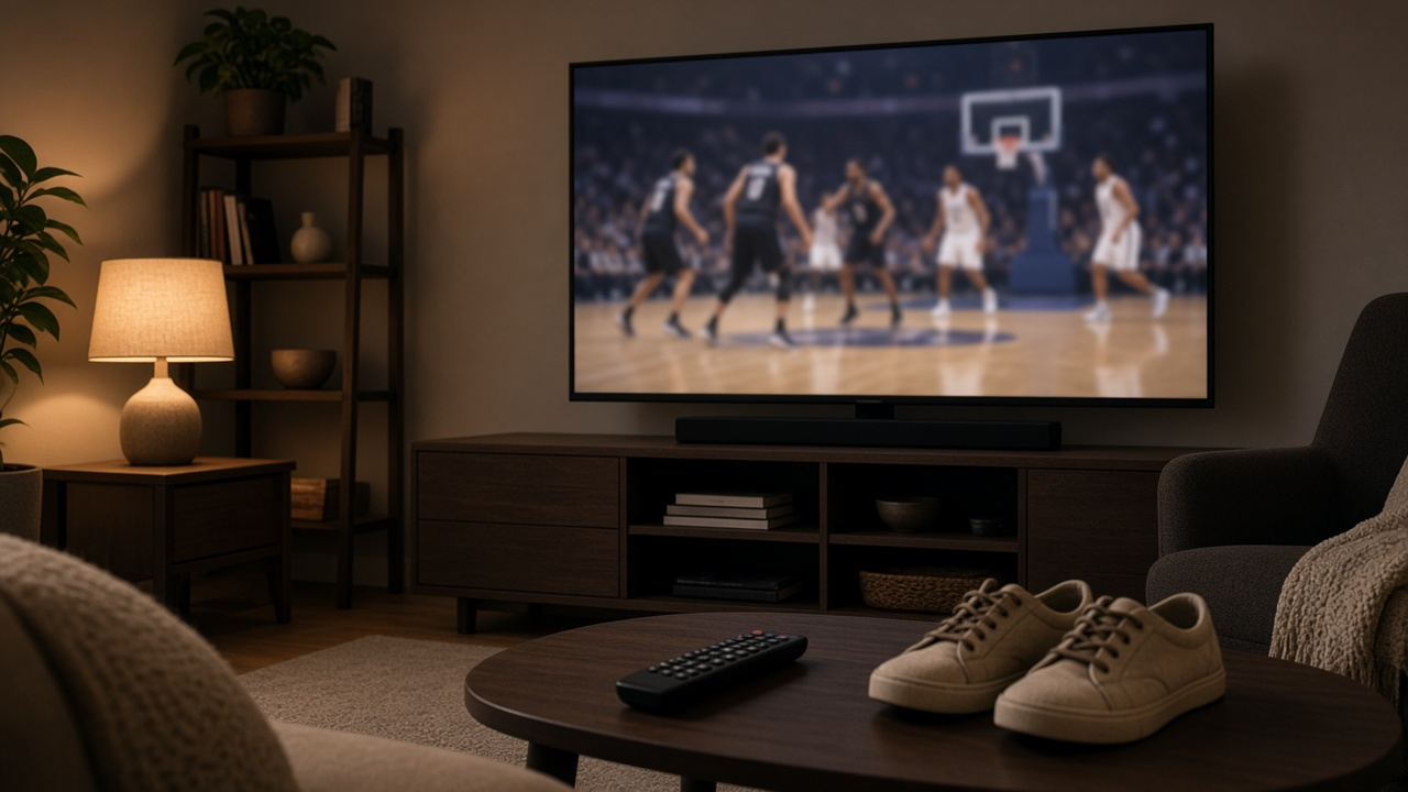 Living room TV showing a softly blurred basketball game with a remote and sneakers on the coffee table, no logos or text