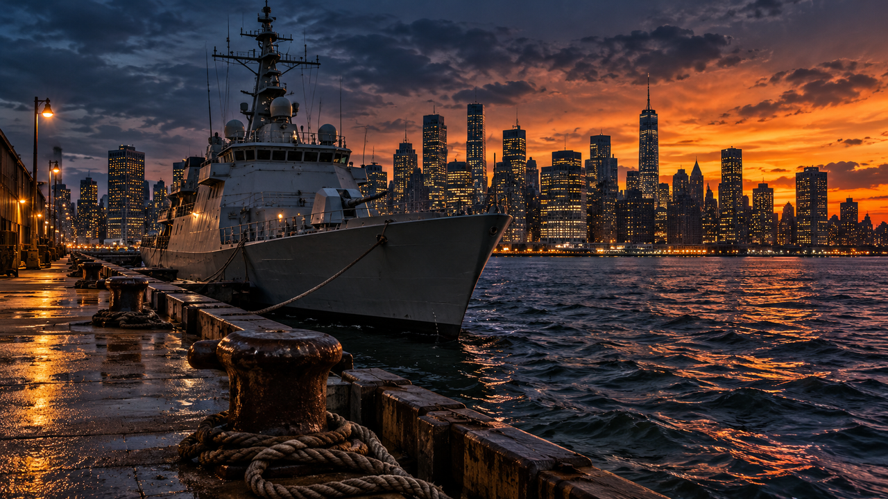 Evening view of a New York City waterfront and skyline at dusk with a navy pier in the foreground