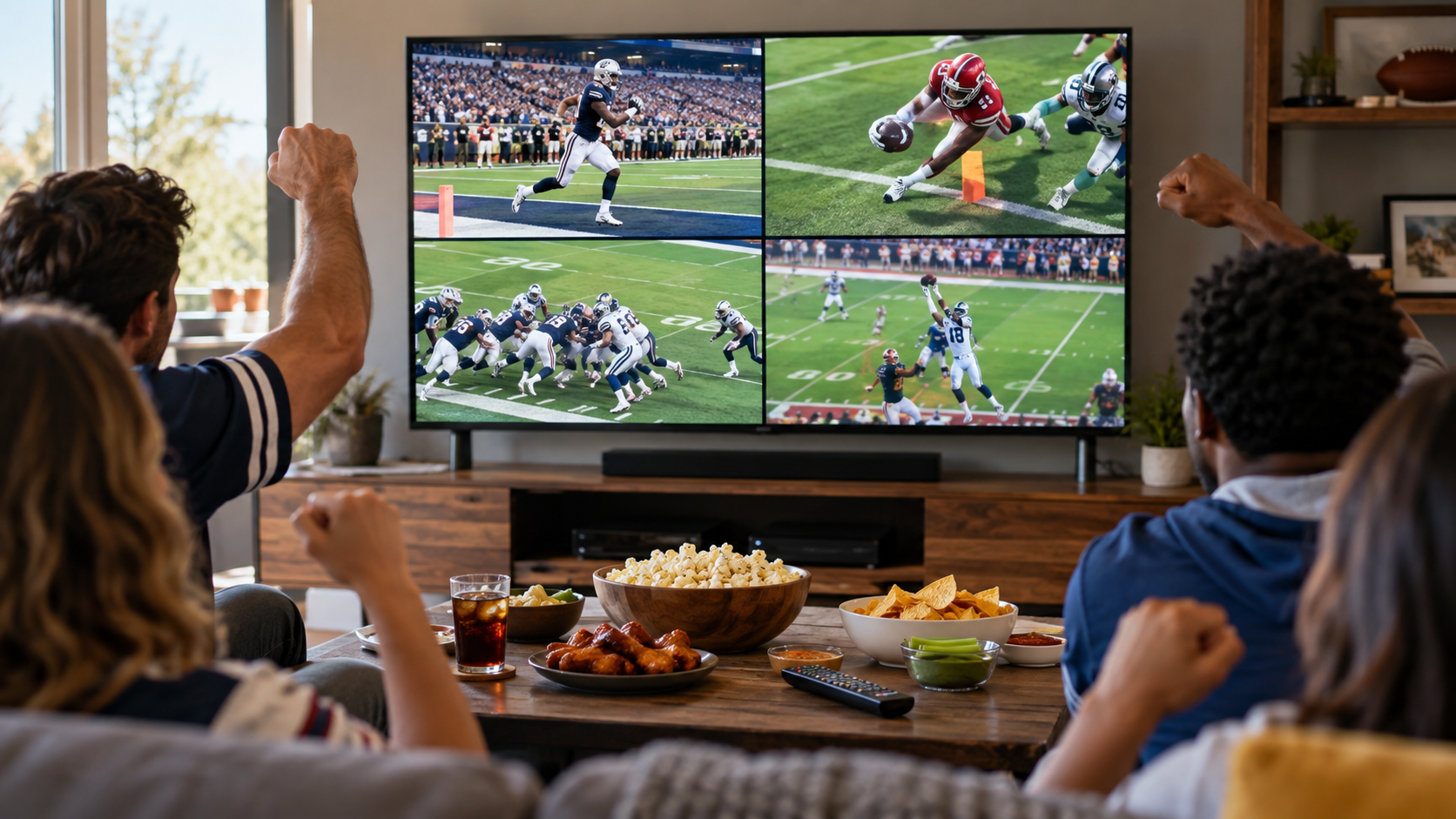 Football fans watching several generic professional football games on one television