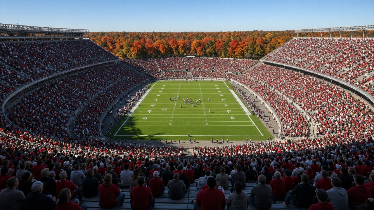 College football stadium packed for a noon kickoff on a crisp, sunny autumn day, with fall-colored trees beyond the end zone