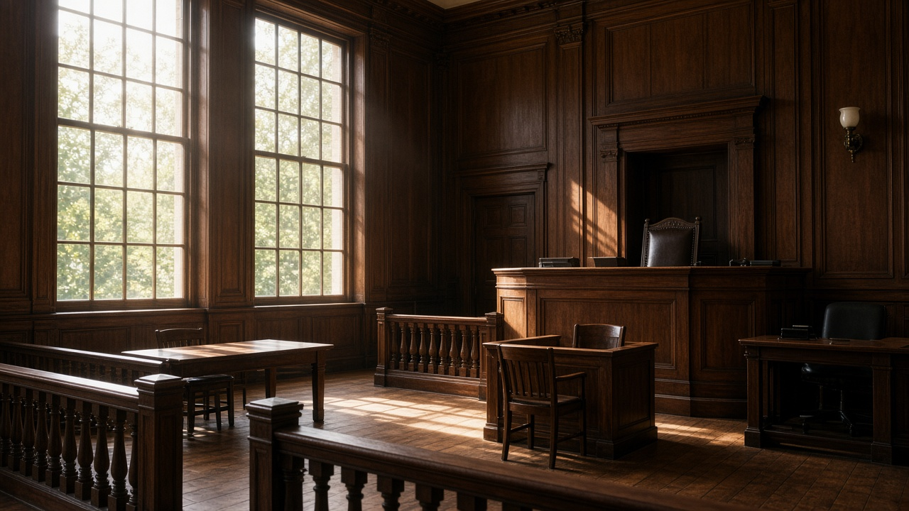 Empty wood-paneled courtroom at dusk with golden light through tall windows, empty benches and counsel tables, no people
