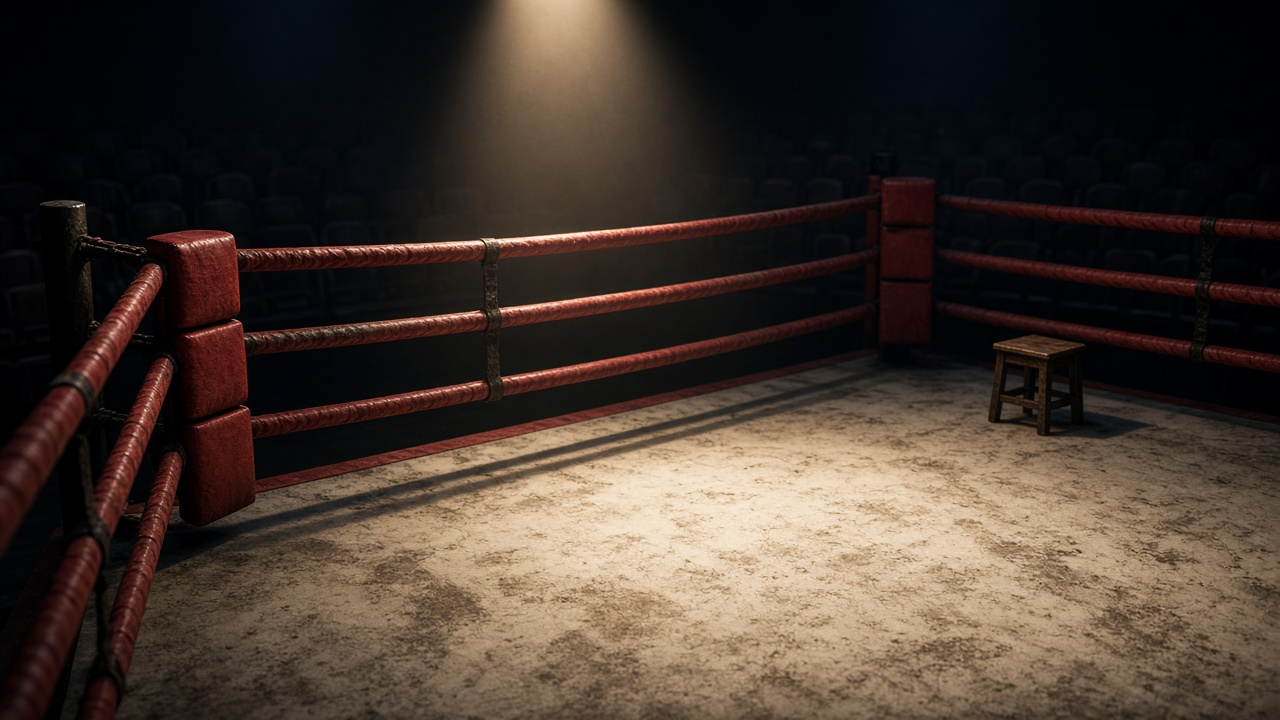 Empty boxing ring in a dark arena lit by a single overhead spotlight, with worn red ropes, a scuffed canvas and thin haze drifting through the light