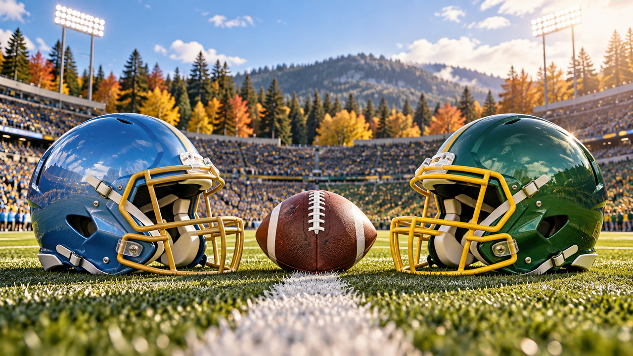 Blue and gold and green and yellow football helmets in an autumn stadium