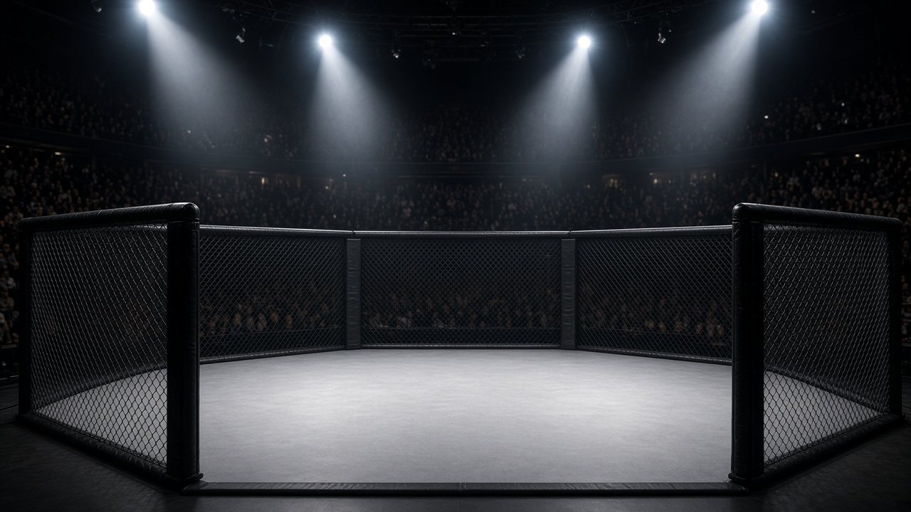 Empty mixed martial arts cage under bright arena spotlights with a dark, crowded arena in the background
