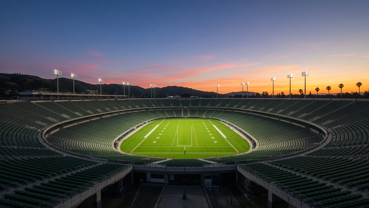 An empty college football stadium bowl at dusk, rows of seats wrapping a bright green field under a soft orange and blue Southern California evening sky with low hills beyond the rim