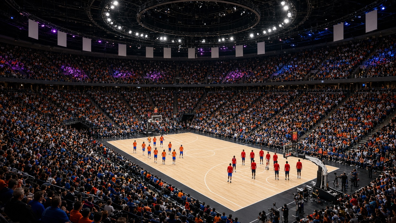 Crowded big-city basketball arena under bright lights with fans filling the stands before a preseason tip-off