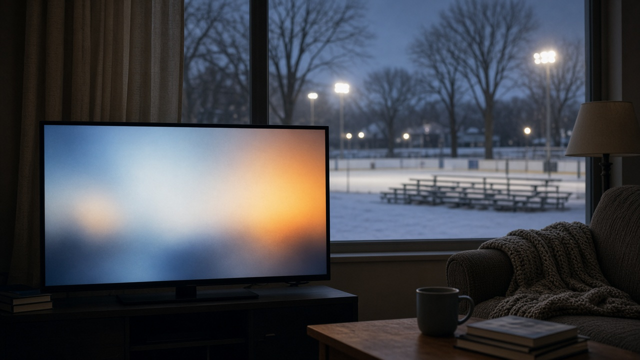 Living-room TV glow beside a winter hockey rink through a frosted window at dusk