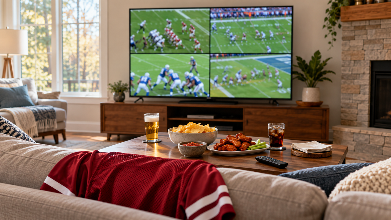 Football fan on a couch on a Sunday afternoon watching a TV split into four blurred football game windows, snacks and a jersey on the cushion