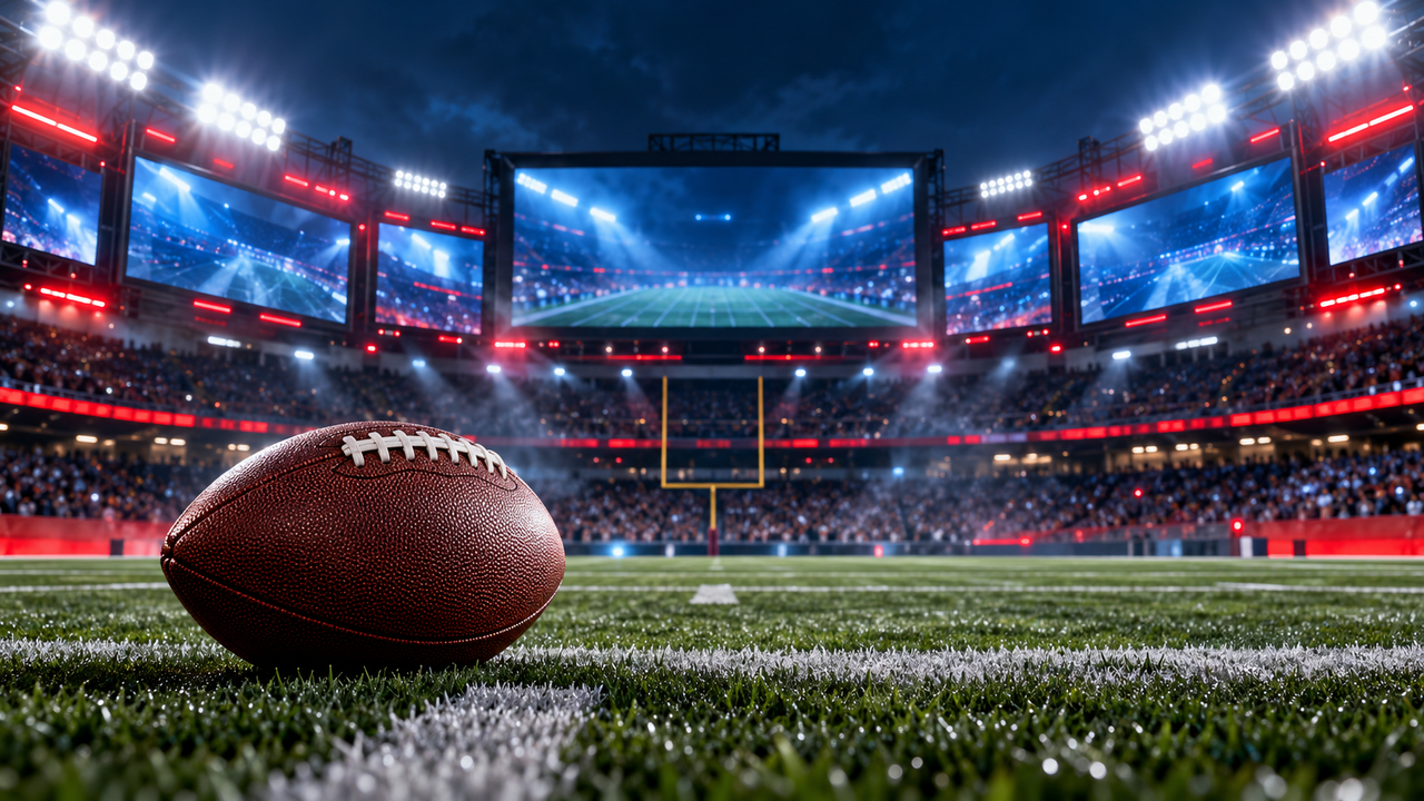 Football on a stadium field beneath multiple blank broadcast screens and bright lights