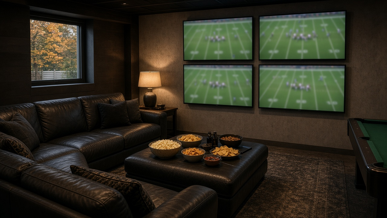 Dim den with a leather sectional, four wall-mounted TVs showing football, bowls of snacks on an ottoman and autumn trees outside the window