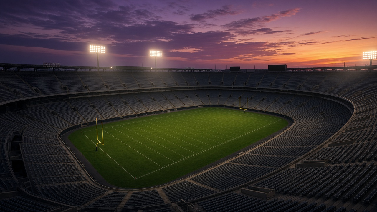 Empty football stadium at twilight, stadium lights glowing over a green field with plain white yard lines and rows of empty seats under a purple and orange sky