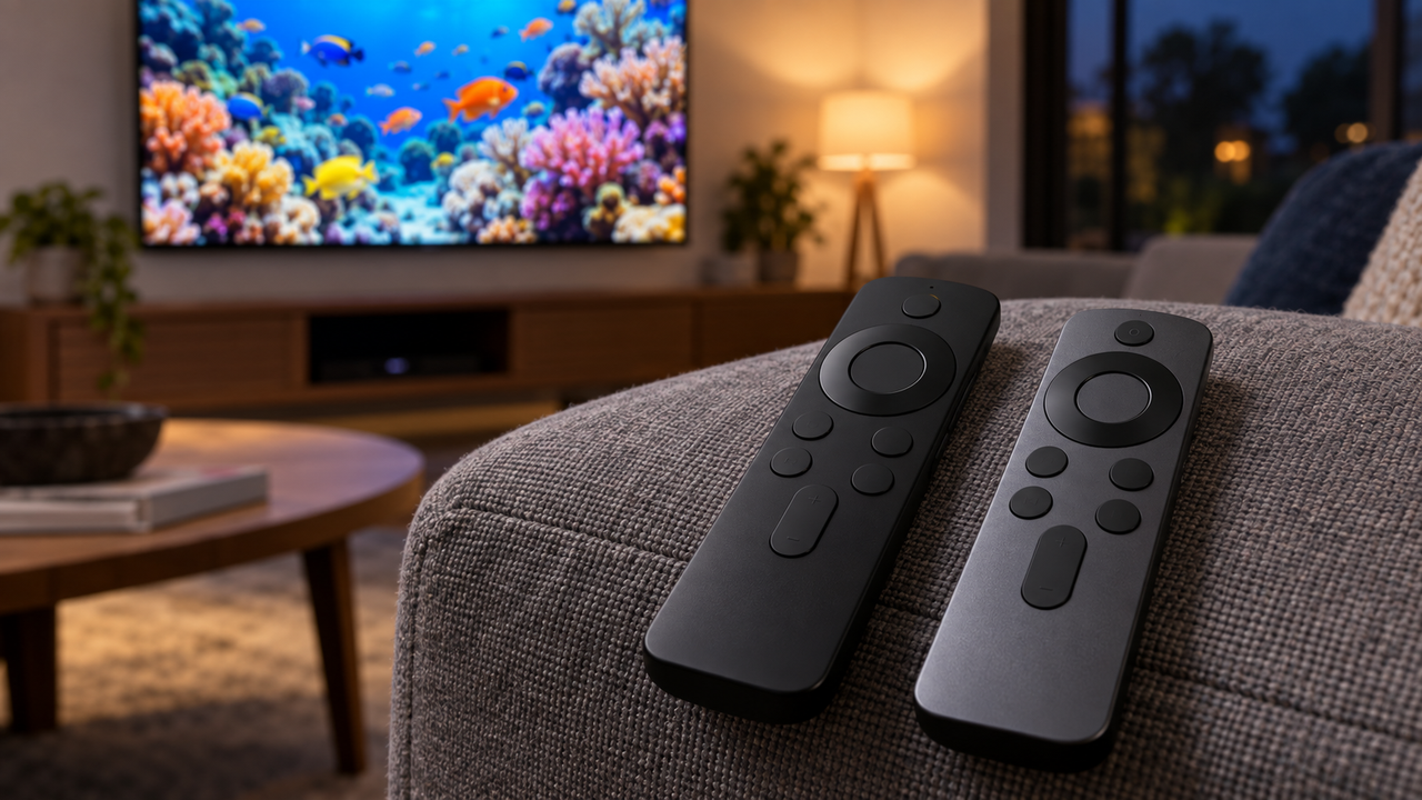 Two different unbranded streaming remotes resting on a gray sofa arm with a softly blurred 4K TV in the background