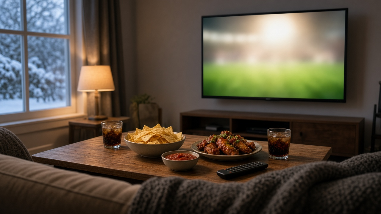 Living room on a winter evening with a large TV glowing over a snack-covered coffee table and a remote, no logos or text