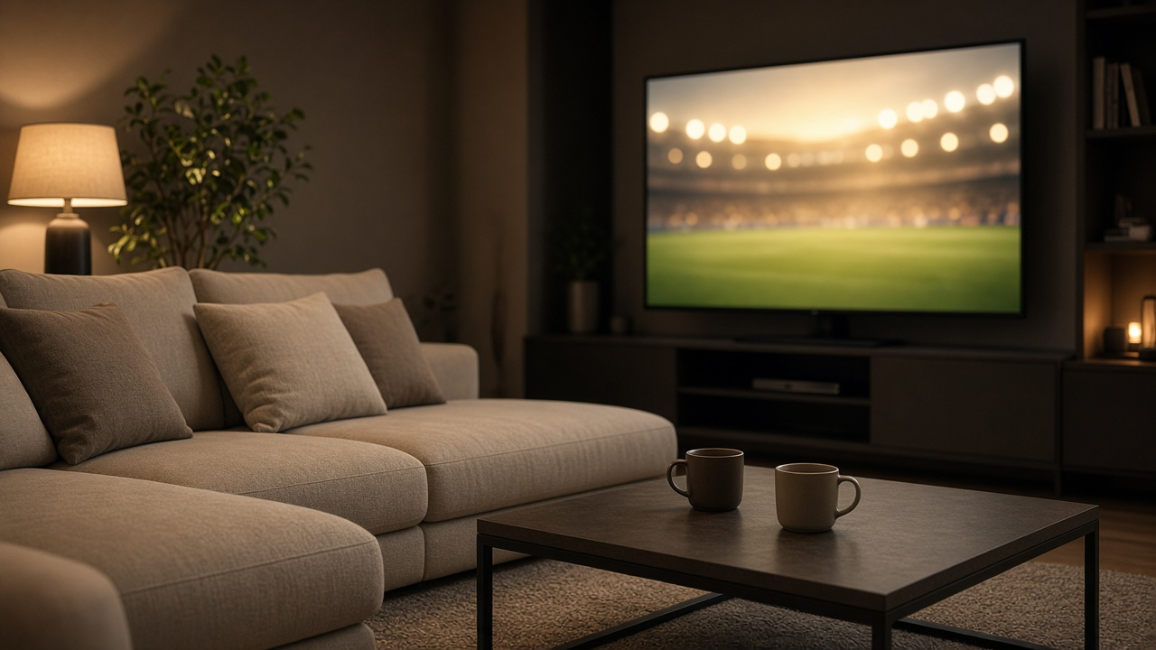 Living-room sofa and coffee table in front of a bright TV screen showing a soft-focus soccer pitch at golden hour, warm lamps, no logos text or people faces